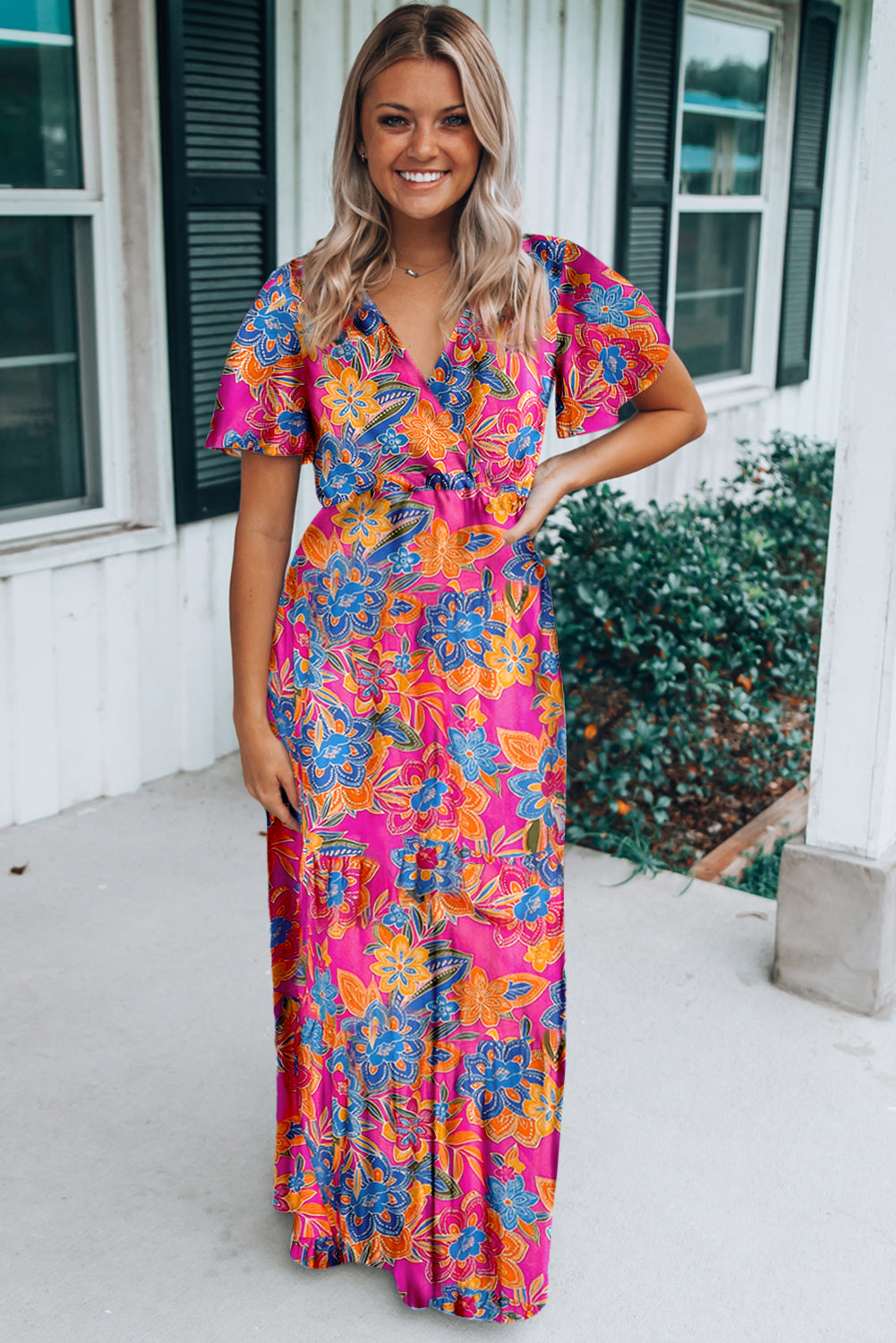 Abstract Botanic Print Wrap V Neck Short Sleeve Maxi Dress