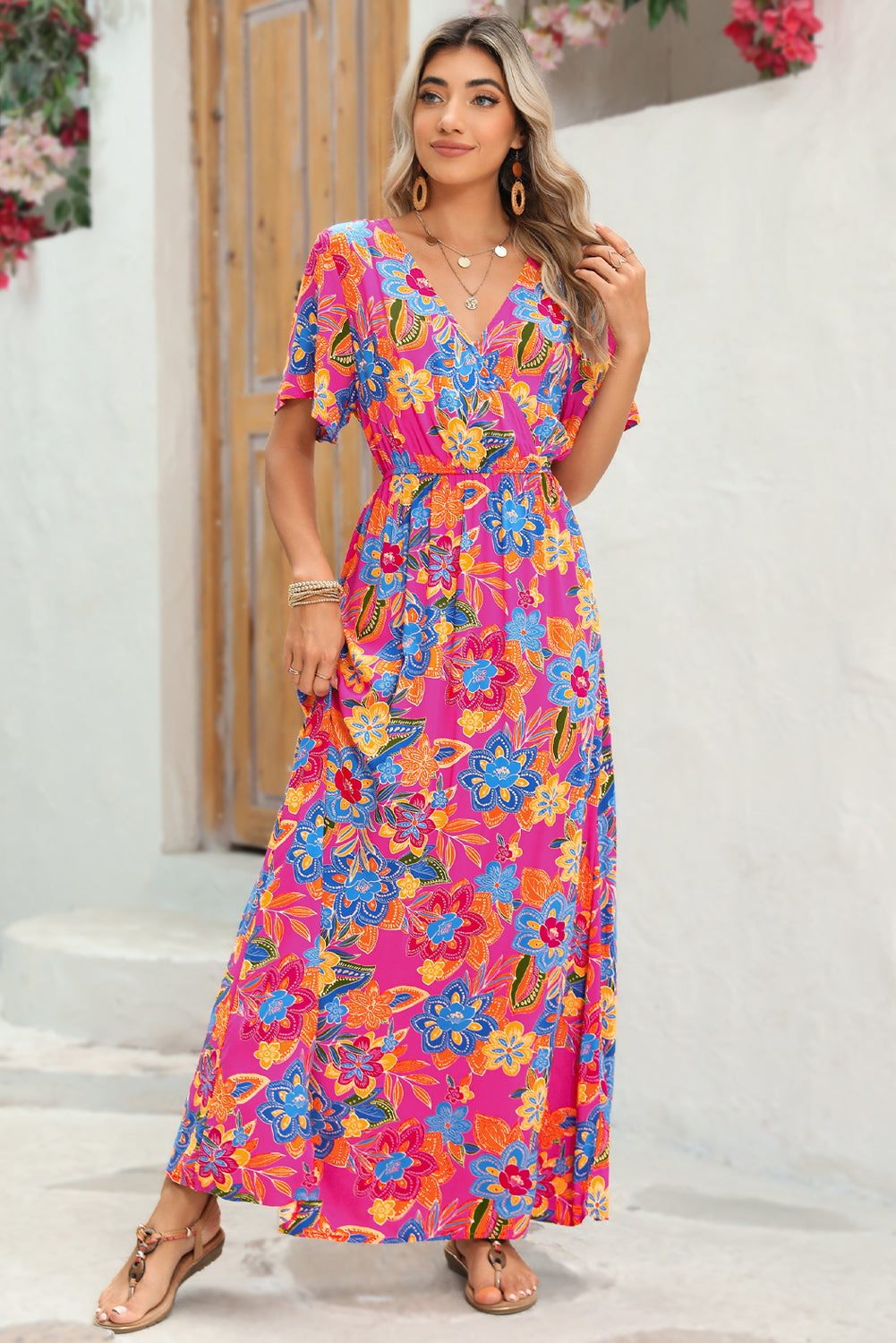 Abstract Botanic Print Wrap V Neck Short Sleeve Maxi Dress