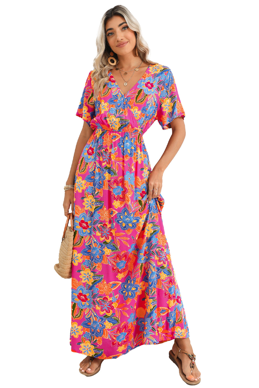 Abstract Botanic Print Wrap V Neck Short Sleeve Maxi Dress