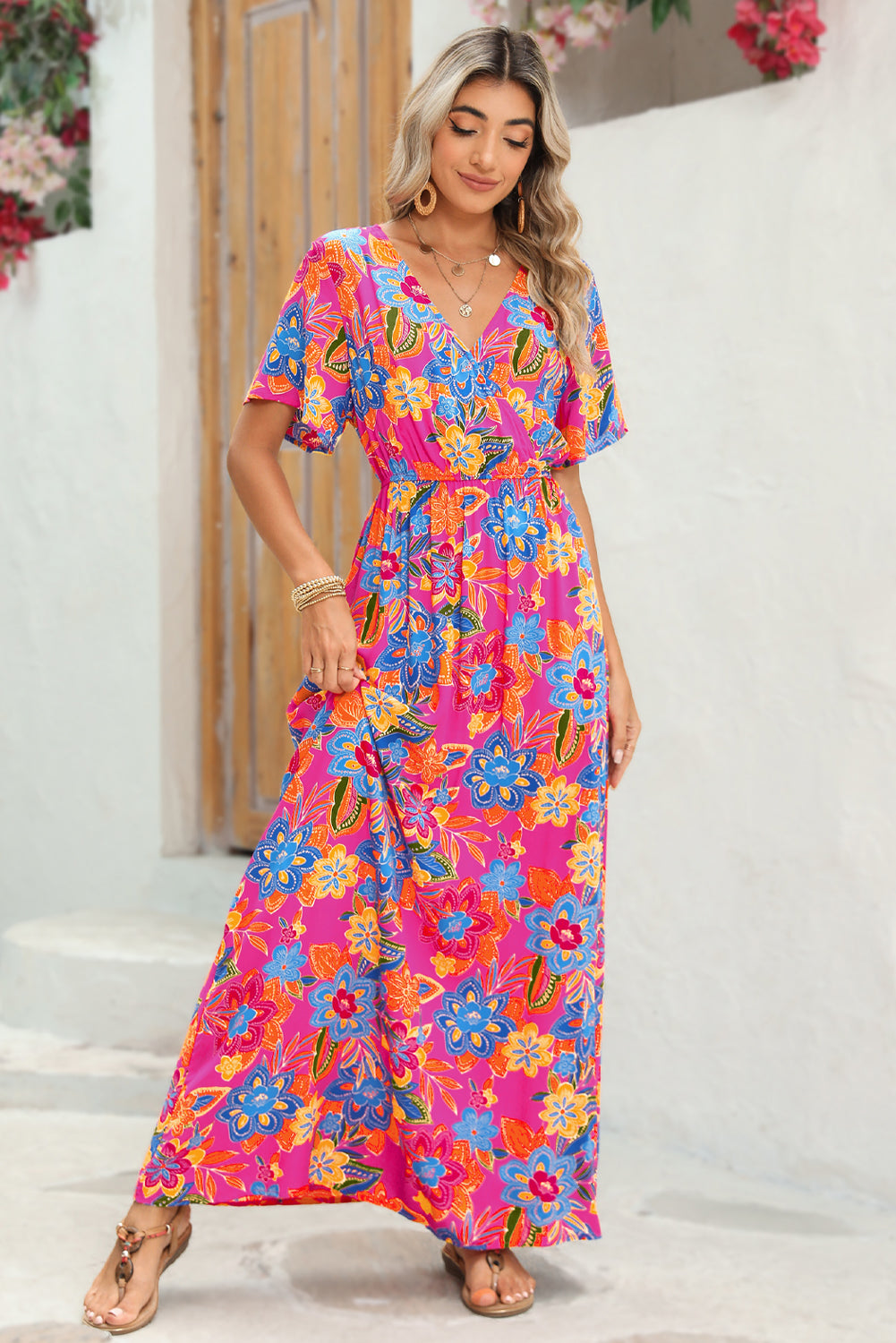 Abstract Botanic Print Wrap V Neck Short Sleeve Maxi Dress