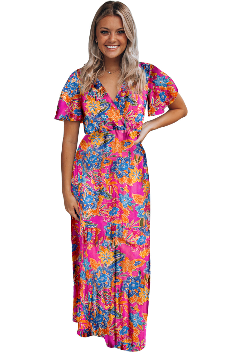 Abstract Botanic Print Wrap V Neck Short Sleeve Maxi Dress