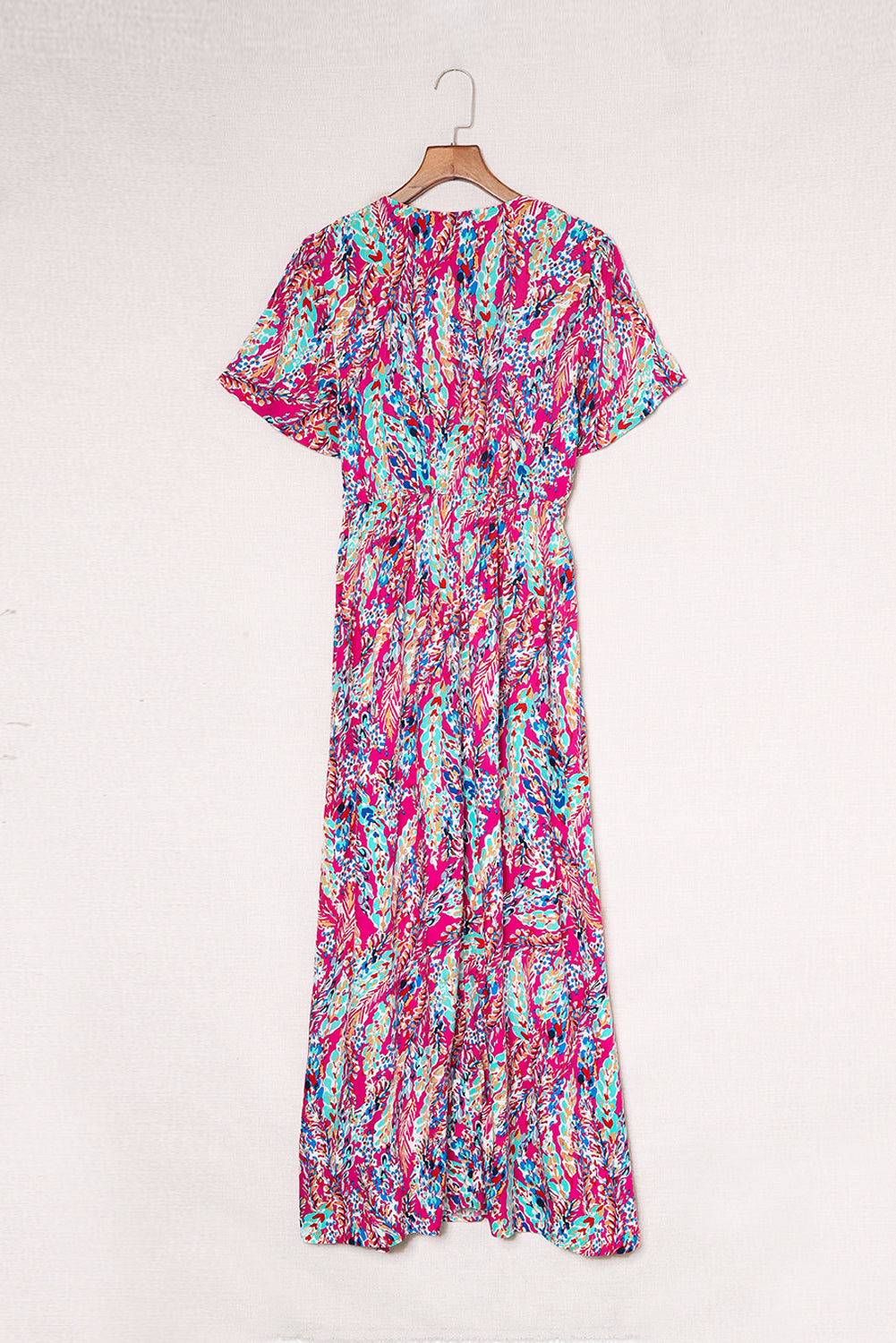 Abstract Botanic Print Wrap V Neck Short Sleeve Maxi Dress