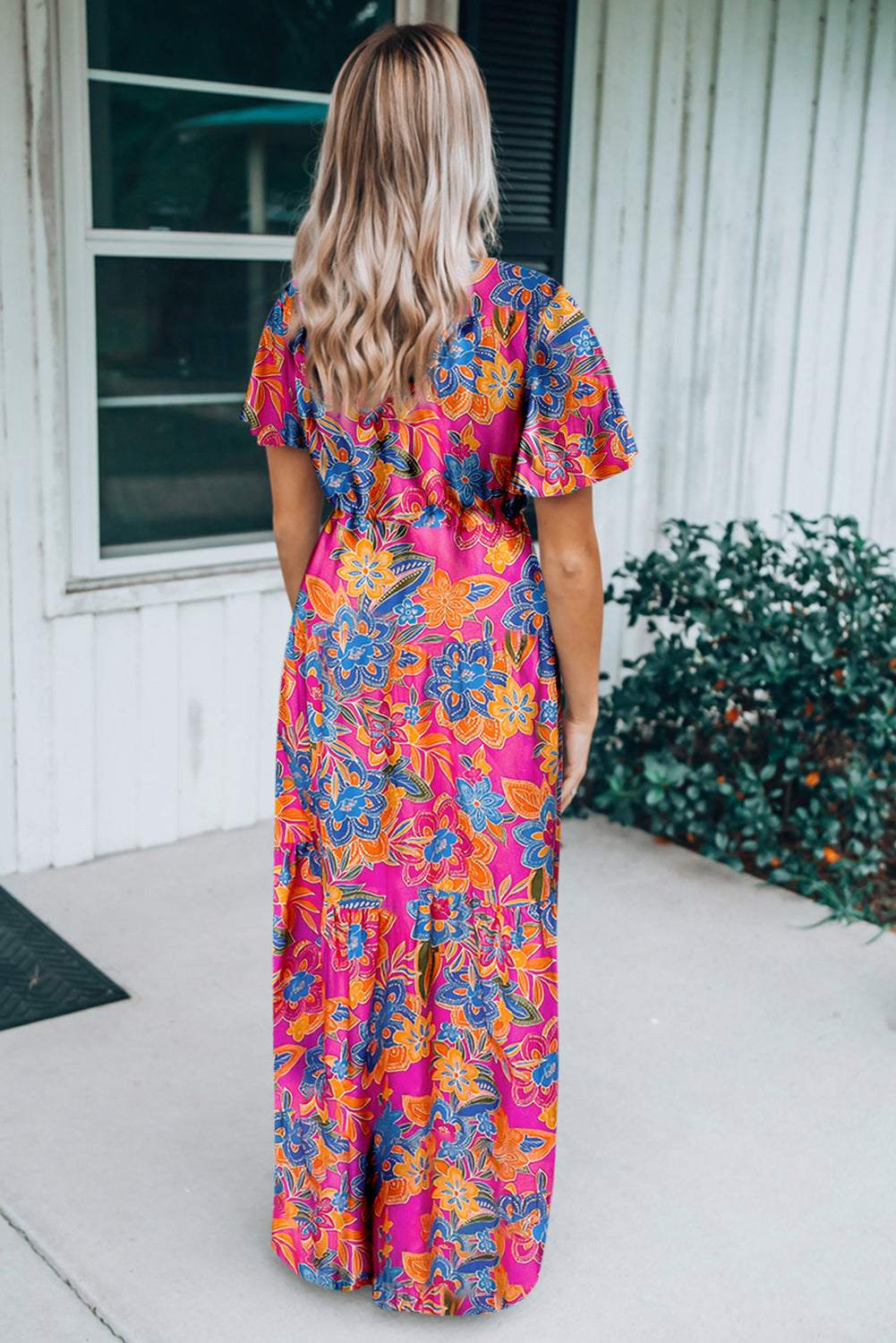 Abstract Botanic Print Wrap V Neck Short Sleeve Maxi Dress