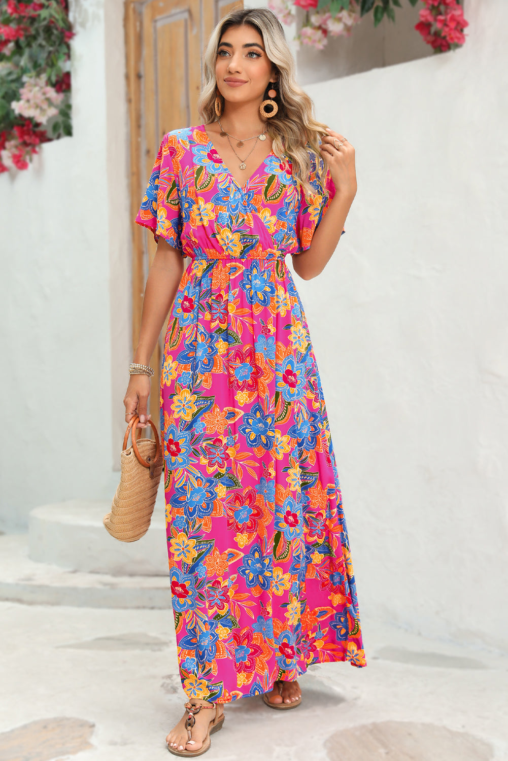 Abstract Botanic Print Wrap V Neck Short Sleeve Maxi Dress