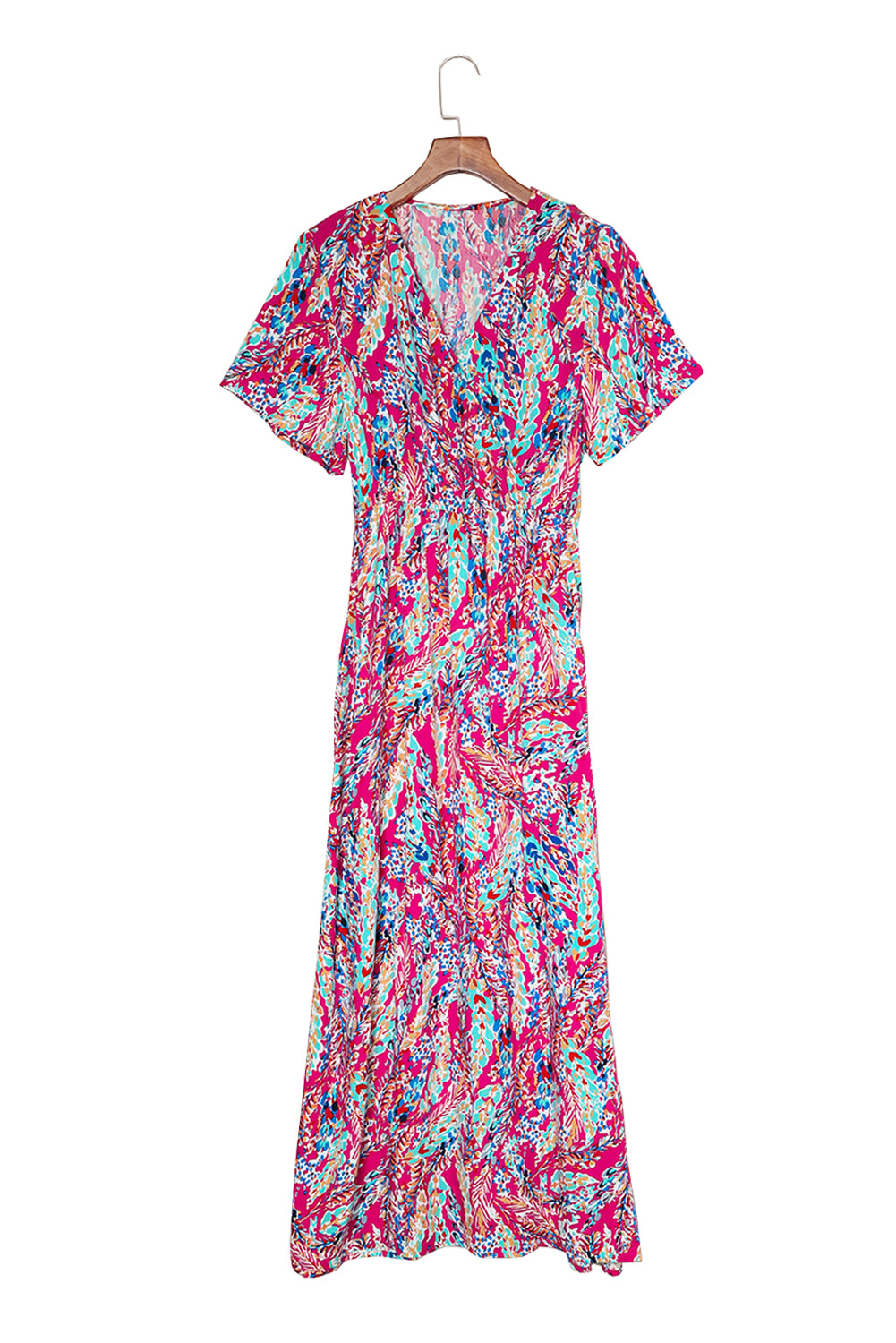 Abstract Botanic Print Wrap V Neck Short Sleeve Maxi Dress