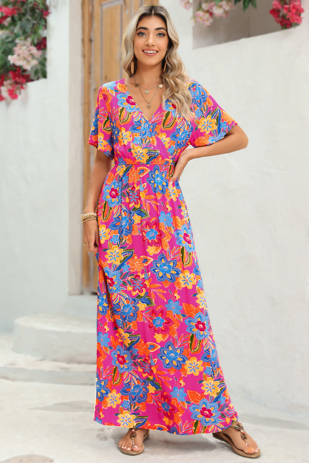 Abstract Botanic Print Wrap V Neck Short Sleeve Maxi Dress