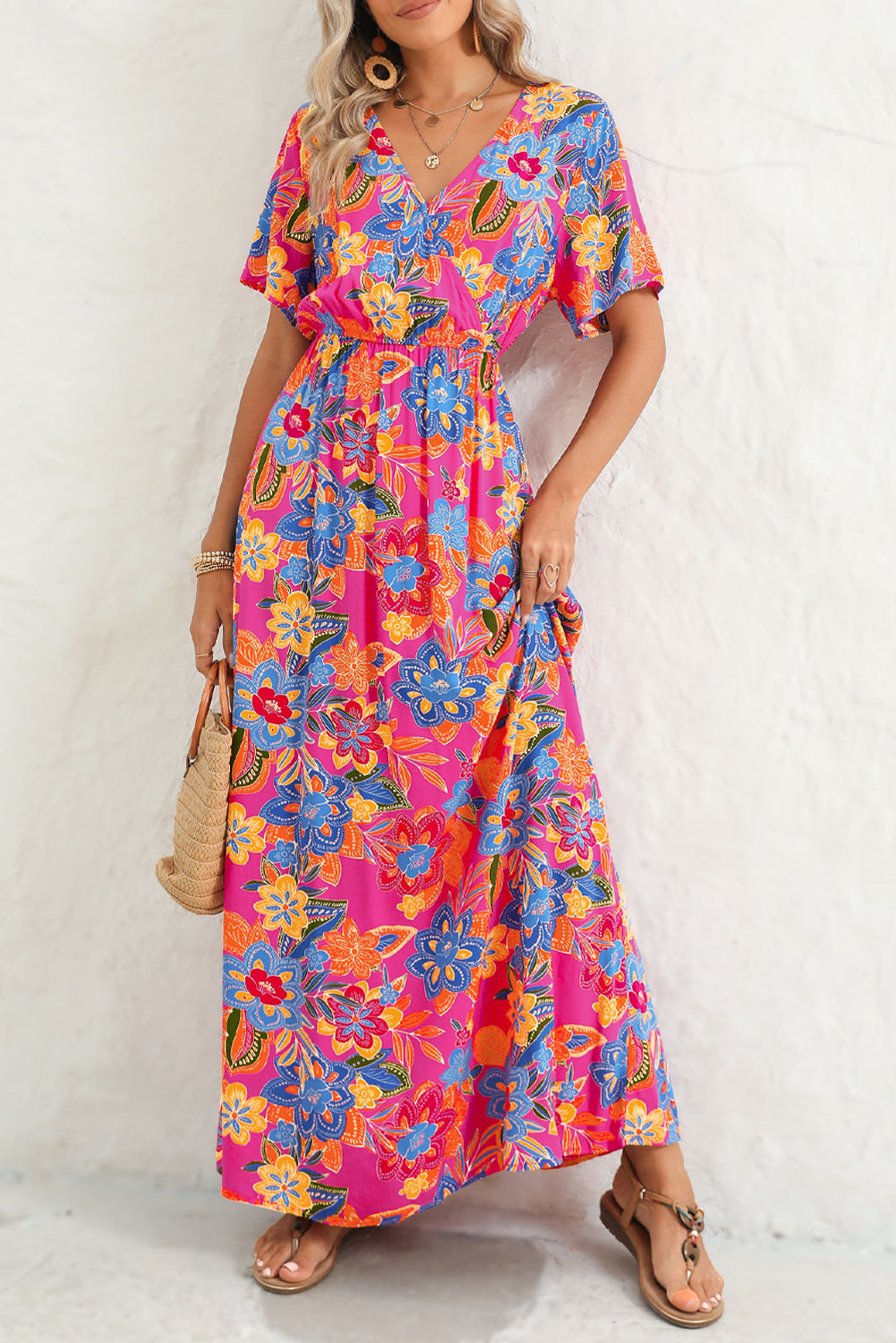 Abstract Botanic Print Wrap V Neck Short Sleeve Maxi Dress