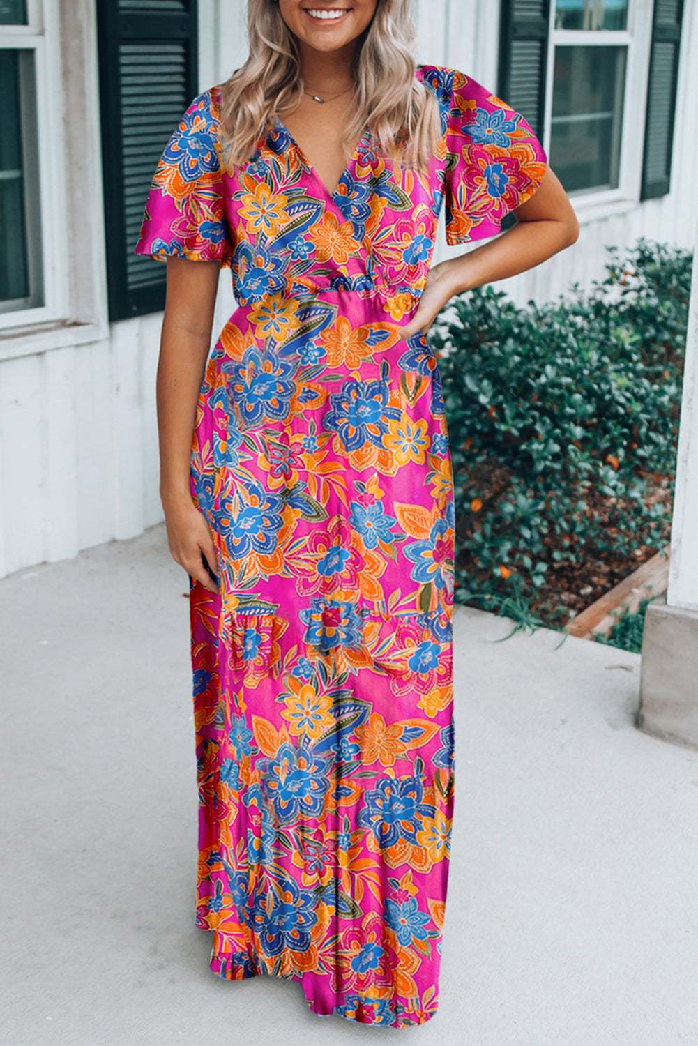Abstract Botanic Print Wrap V Neck Short Sleeve Maxi Dress