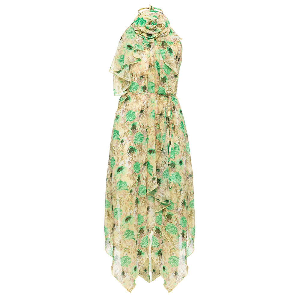 Dress Sexy Floral Halter Lace-up Asymmetric Floral Dress