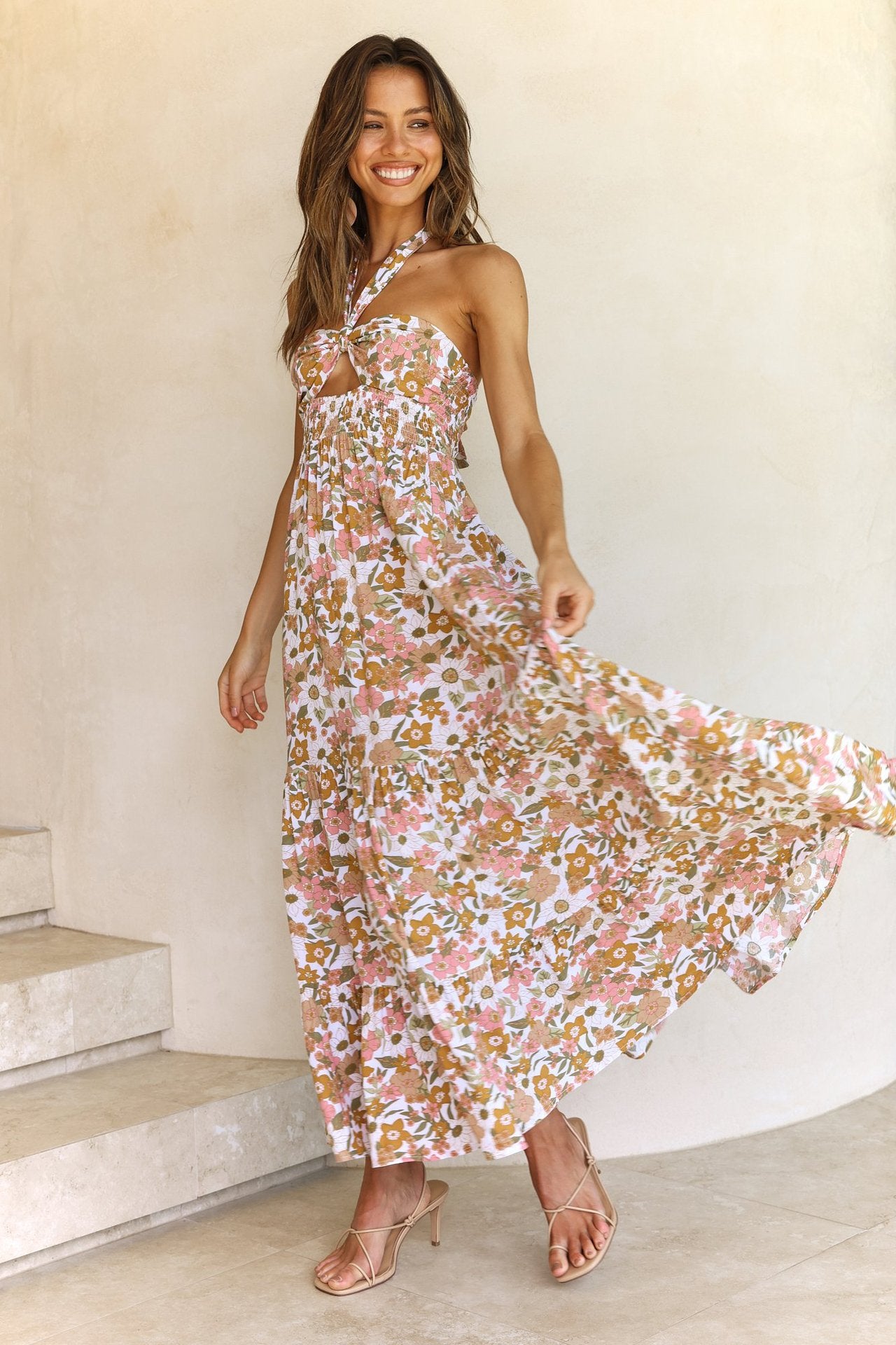 Halter Backless Pleated Dress