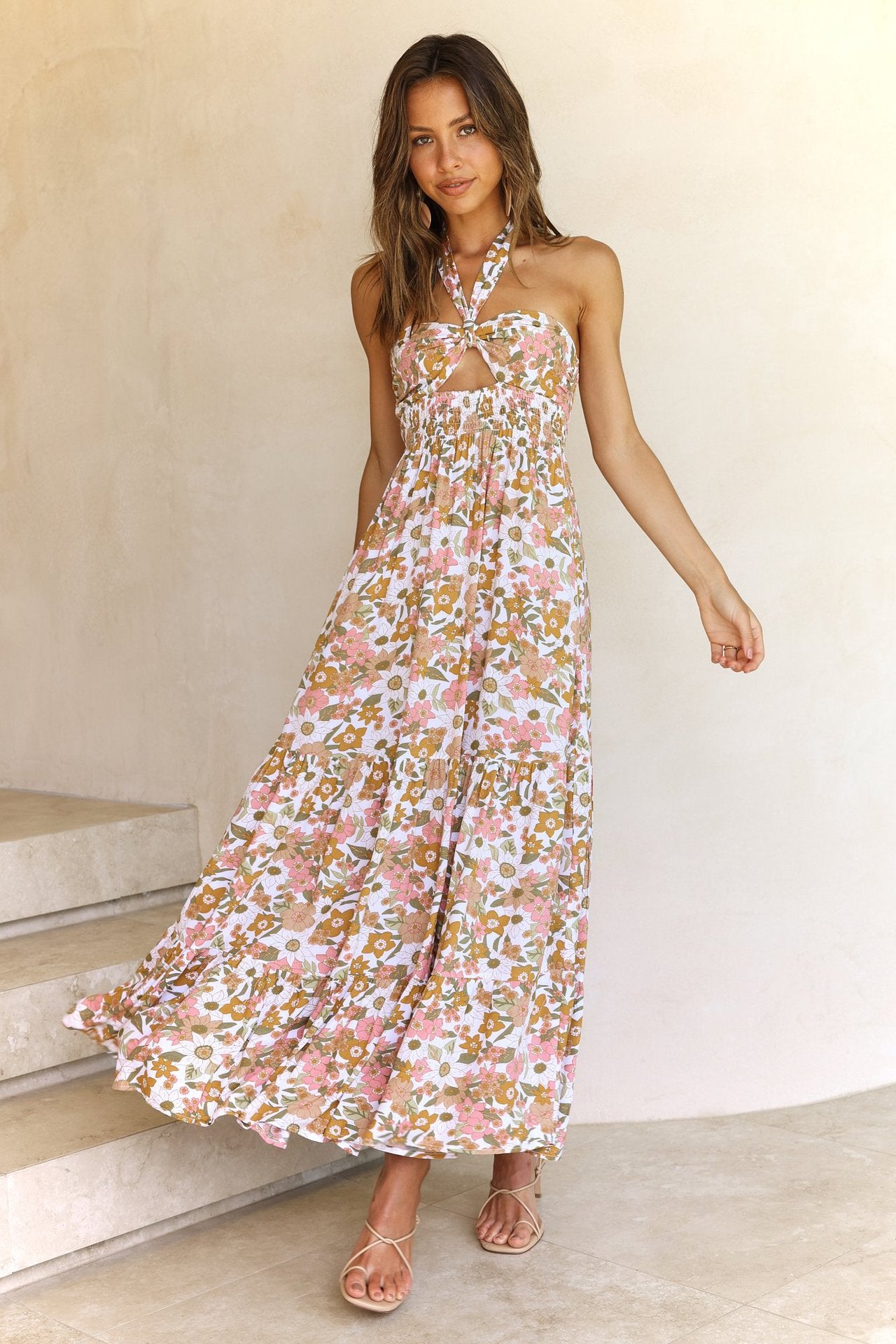 Halter Backless Pleated Dress