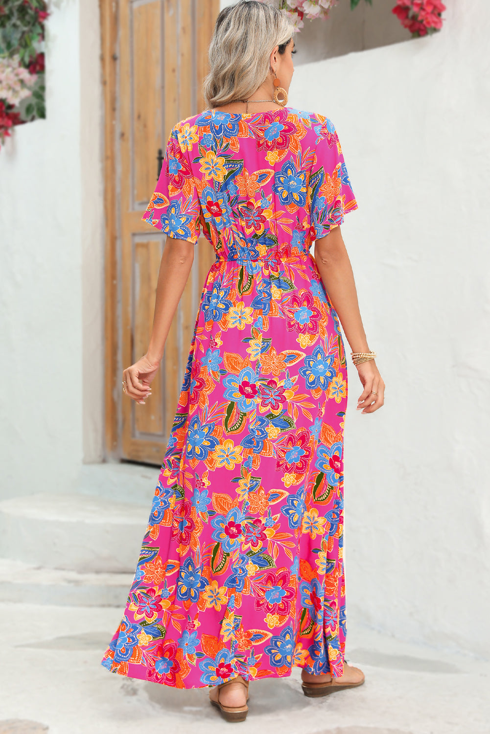 Abstract Botanic Print Wrap V Neck Short Sleeve Maxi Dress