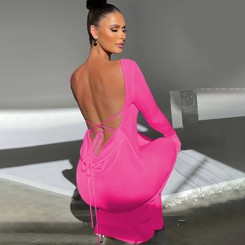 Backless Lace Up Long Sleeve Dress