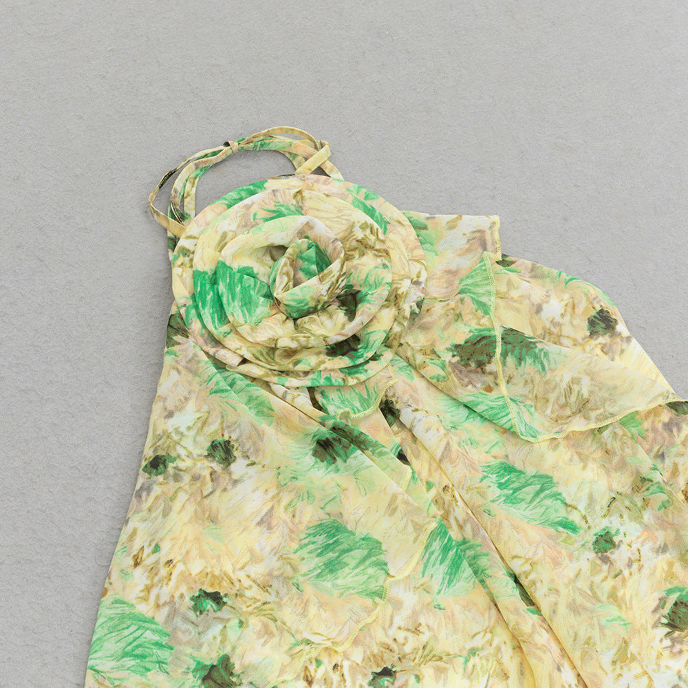 Dress Sexy Floral Halter Lace-up Asymmetric Floral Dress