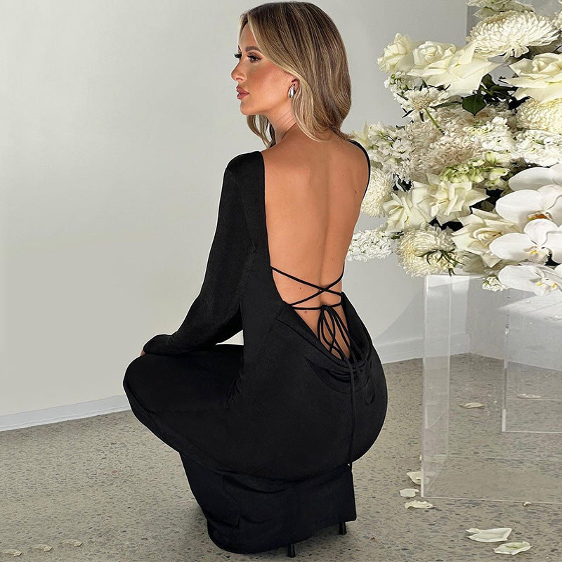 Backless Lace Up Long Sleeve Dress
