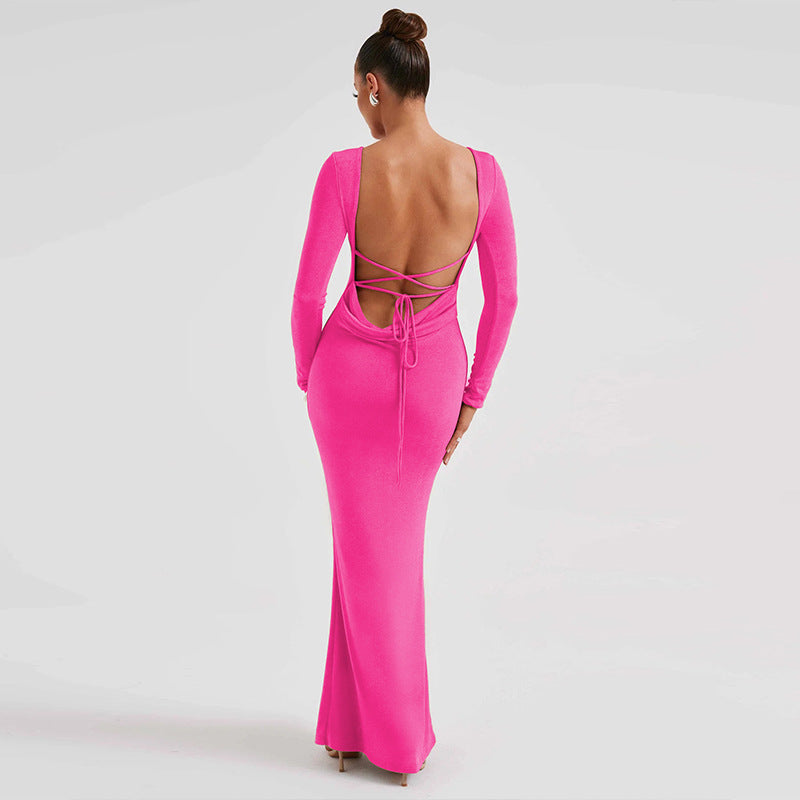 Backless Lace Up Long Sleeve Dress