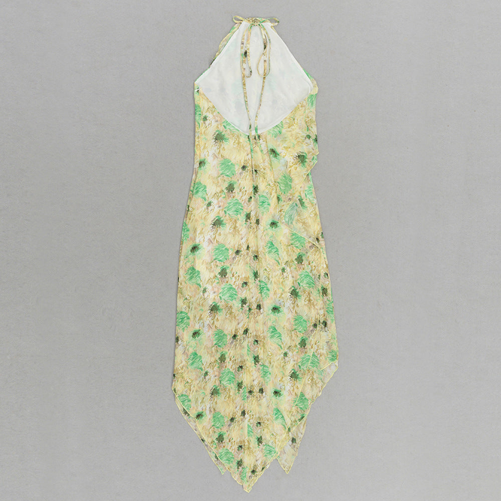Dress Sexy Floral Halter Lace-up Asymmetric Floral Dress